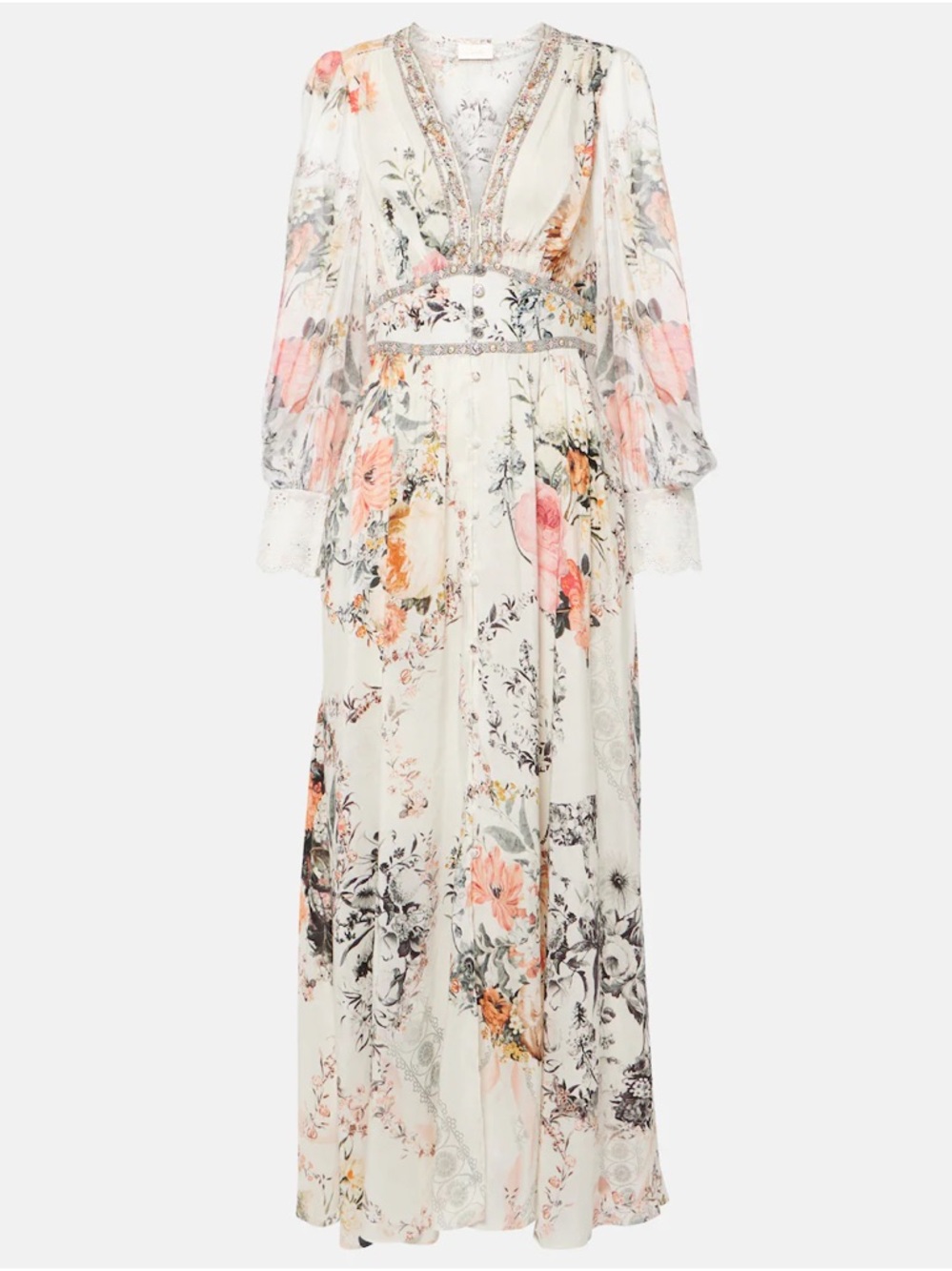 Camilla style ! Floral Cream Maxi Dress with Pink Accents